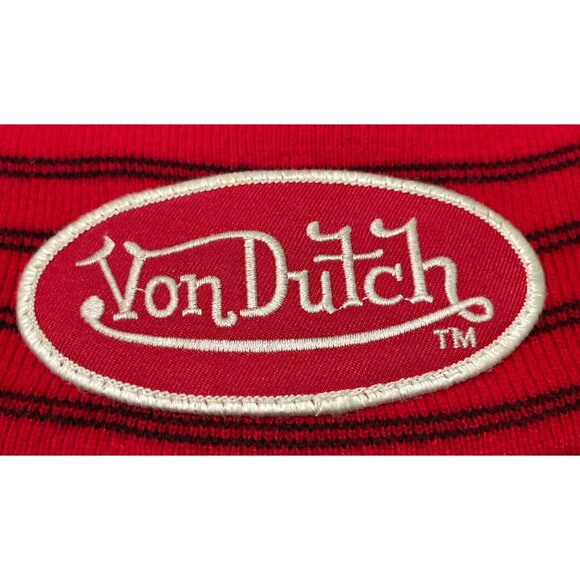 Vintage 90s Von Dutch Striped Embroidered Logo Beanie Knit Cap OSFA Red - Picture 4 of 4